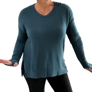 Athleta Women Teal Blue Long Sleeve Top Thumb Hole Side Slit Size M Athleisure
